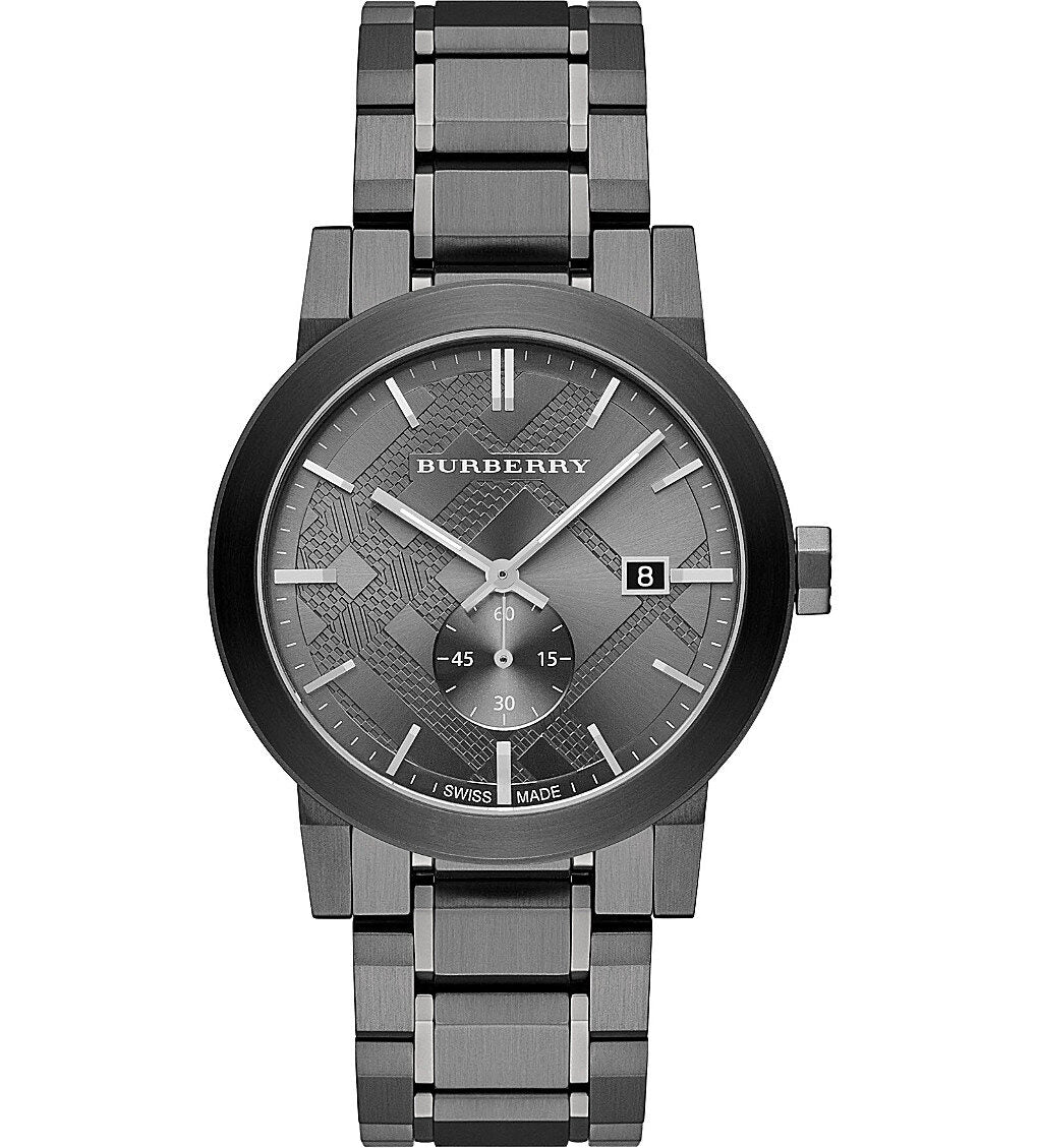 Burberry The City men's watch with gunmetal dial, stainless steel bracelet, date window, and subdials