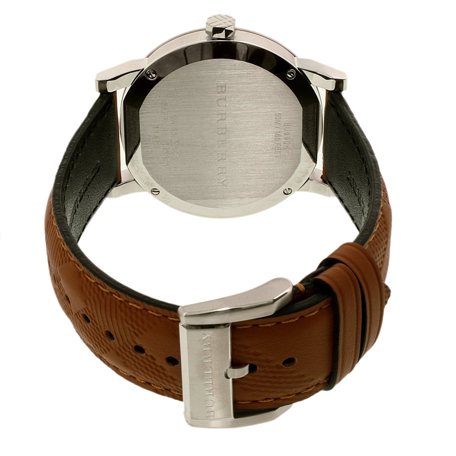 Caseback view of Burberry The City BU9904 showing stainless steel case with engraved details