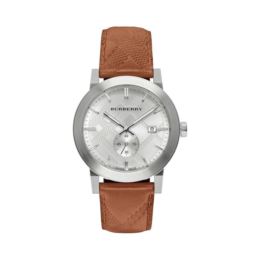 Burberry The City BU9904 watch face with white dial, silver case, and brown leather strap