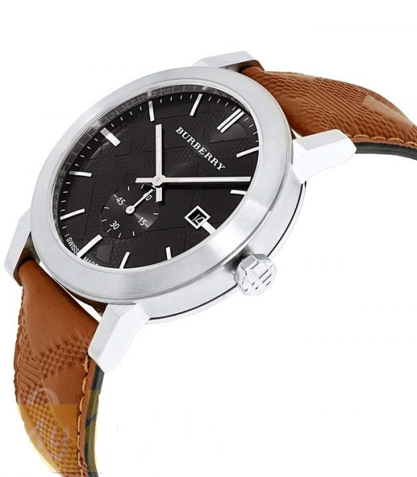 Burberry The City men's watch from side angle showing brown leather strap and black dial