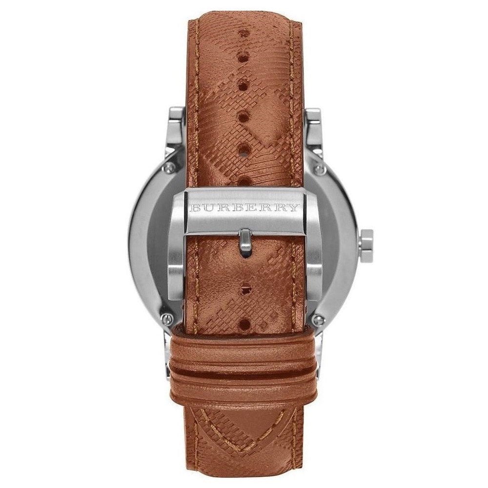 Burberry The City caseback showing stainless steel and brown leather strap detail