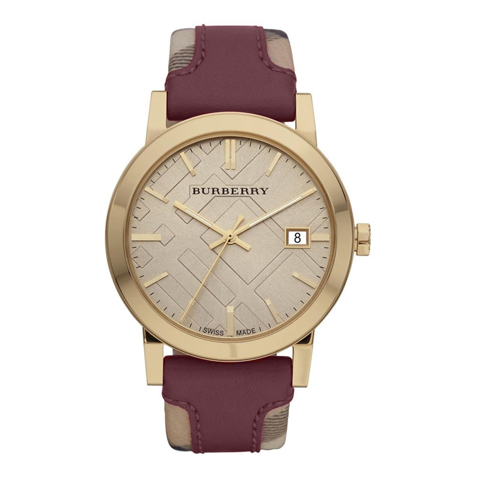 Burberry The City Check women's watch with maroon leather strap and gold-tone case