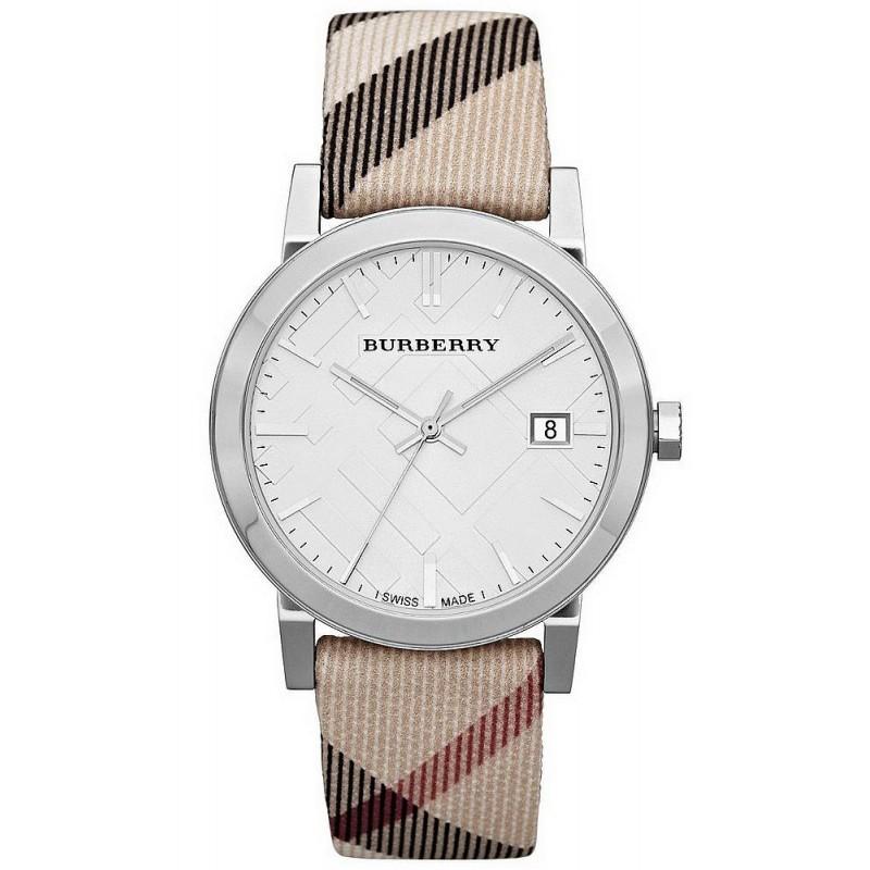 Burberry The City Heritage Nova Check women's watch with white dial, silver case, and nova check fabric strap