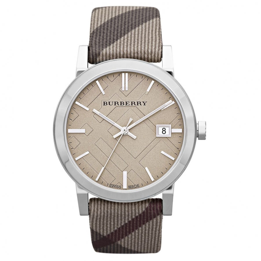 Burberry The City Nova men's watch with beige dial, silver case, and brown patterned leather strap