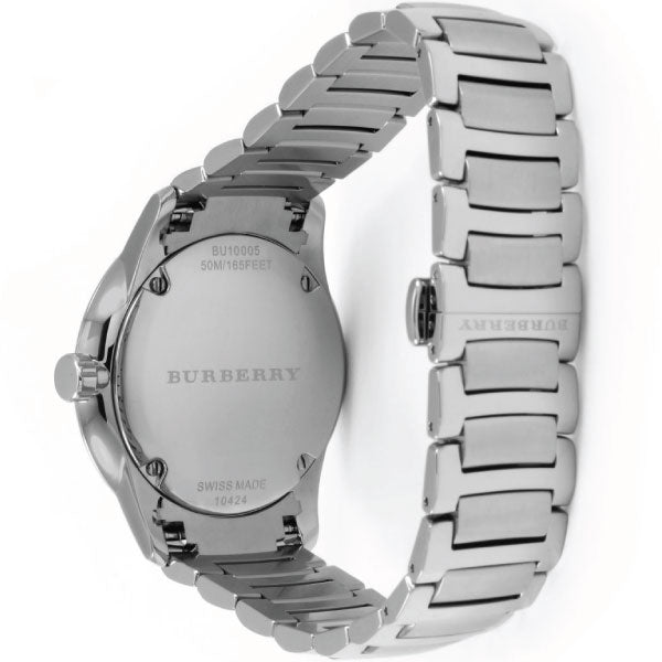 Caseback view of Burberry The Classic watch showing engraved Burberry logo and Swiss made specifications