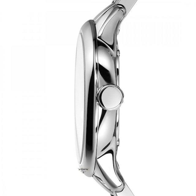 Side view of Burberry The Classic watch showing polished silver stainless steel case and bracelet profile