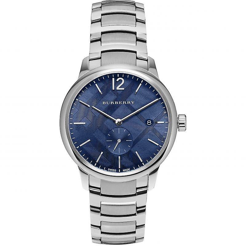 Burberry Classic men's watch with blue dial, silver stainless steel case and bracelet, small seconds subdial