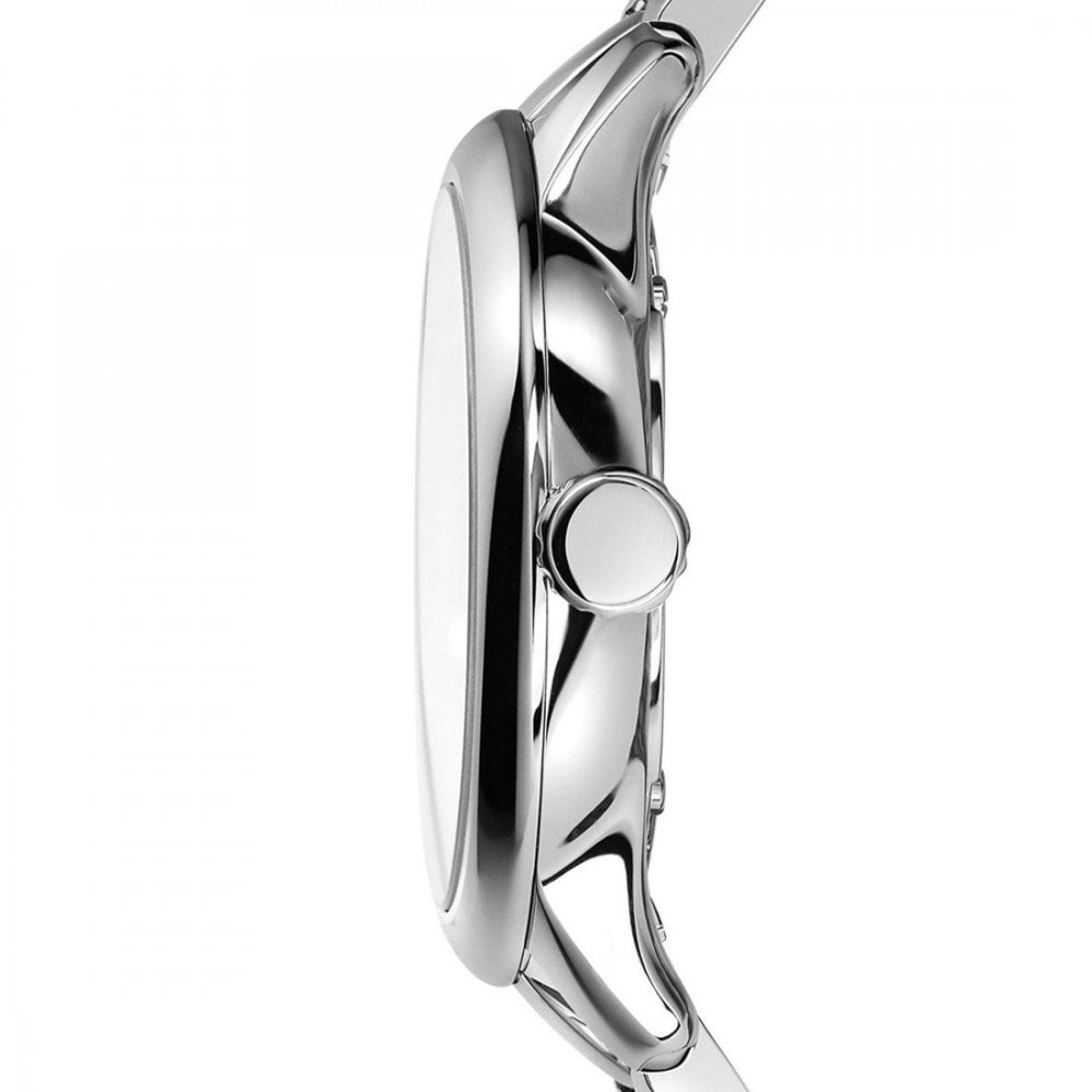 Side profile of silver stainless steel watch case with polished and brushed surfaces
