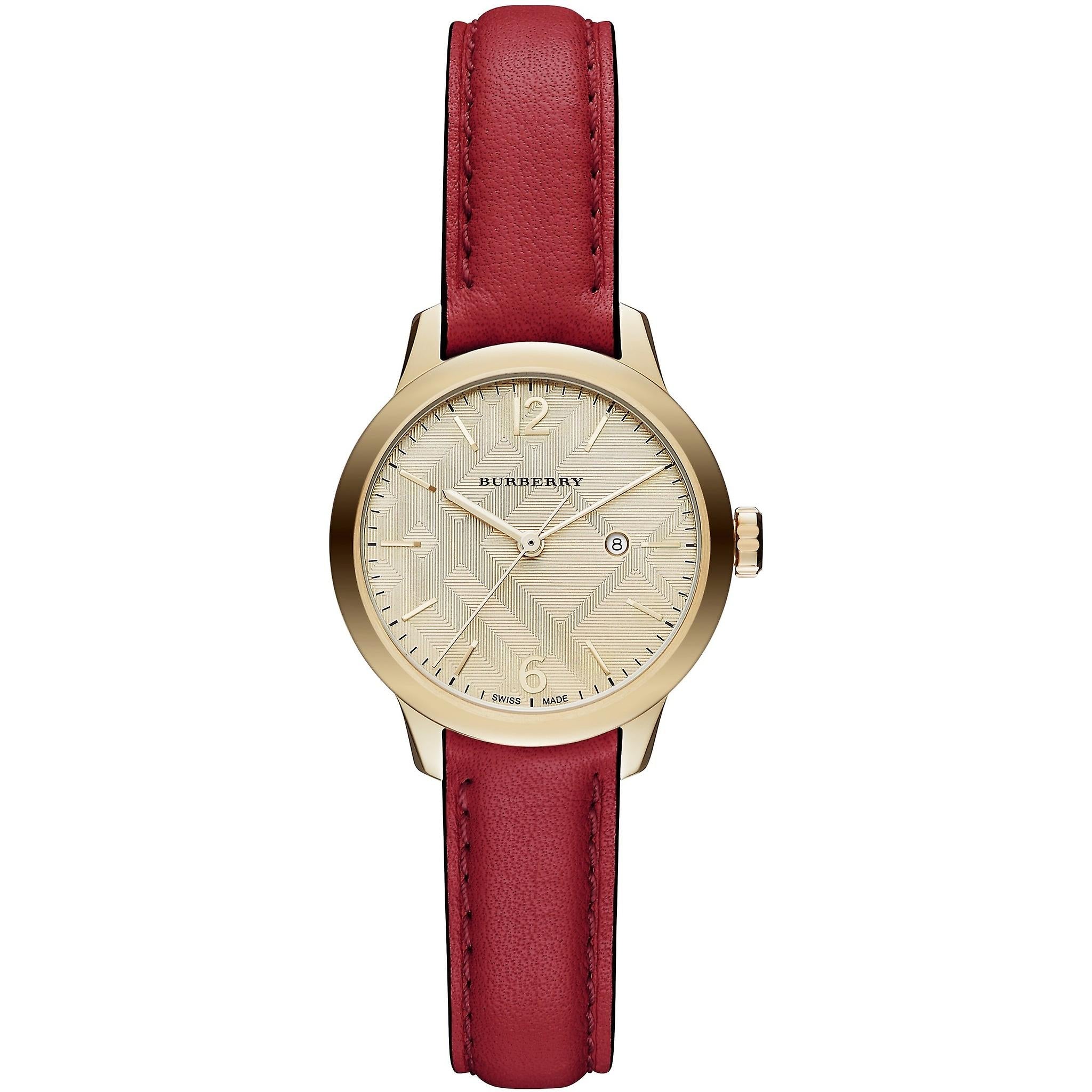 Burberry The Classic women's watch with gold-tone case, cream dial, and burgundy leather strap