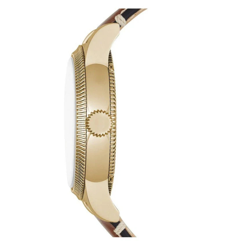 Side profile of Burberry Utilitarian BU7853 showing case thickness and gold bezel