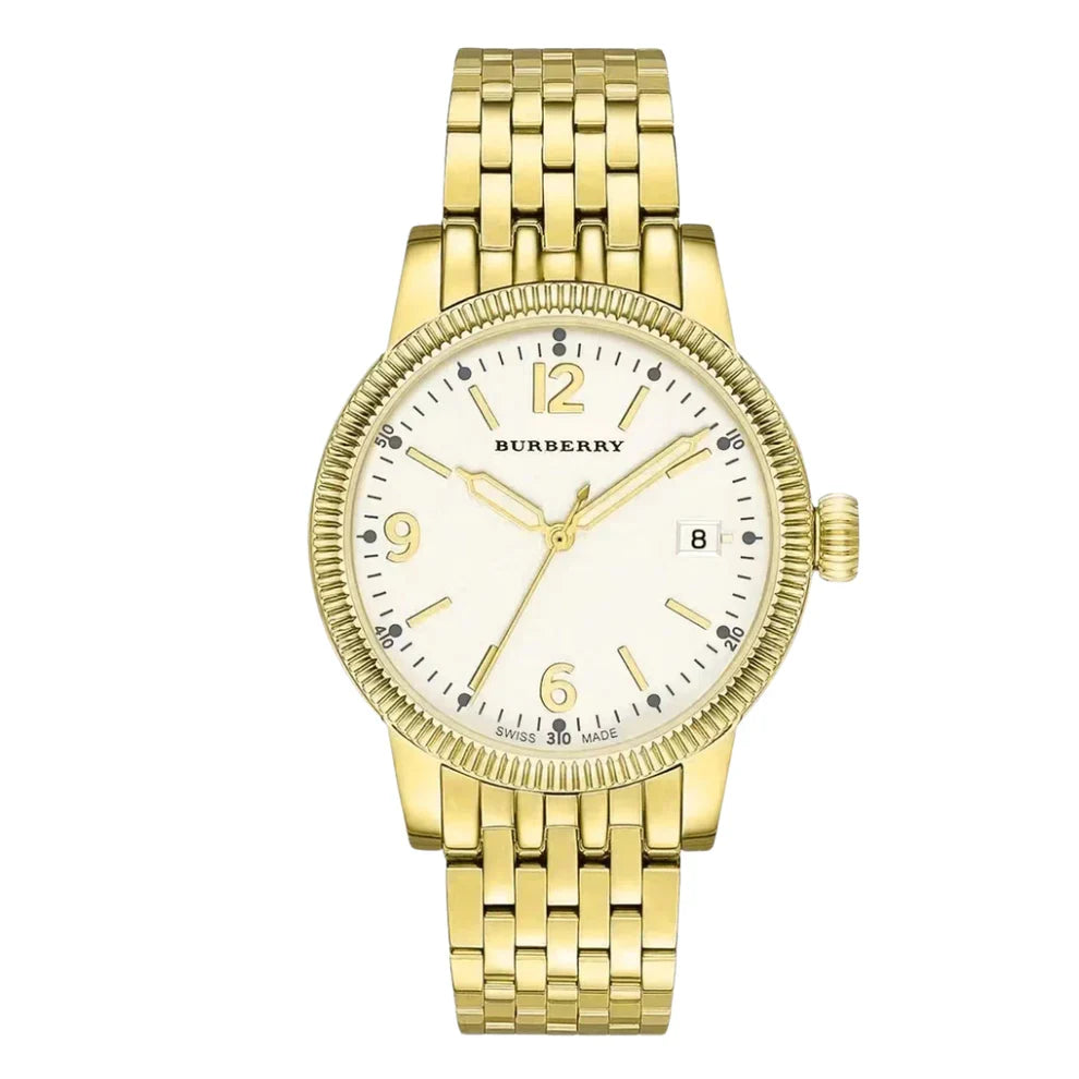 Burberry Utilitarian Quartz White Dial Gold Steel Strap Watch for Women - BU7857