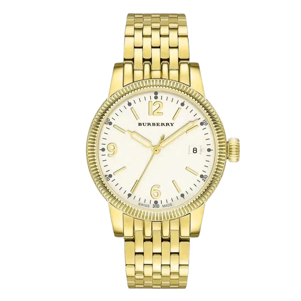 Burberry Utilitarian Quartz White Dial Gold Steel Strap Watch for Women - BU7857