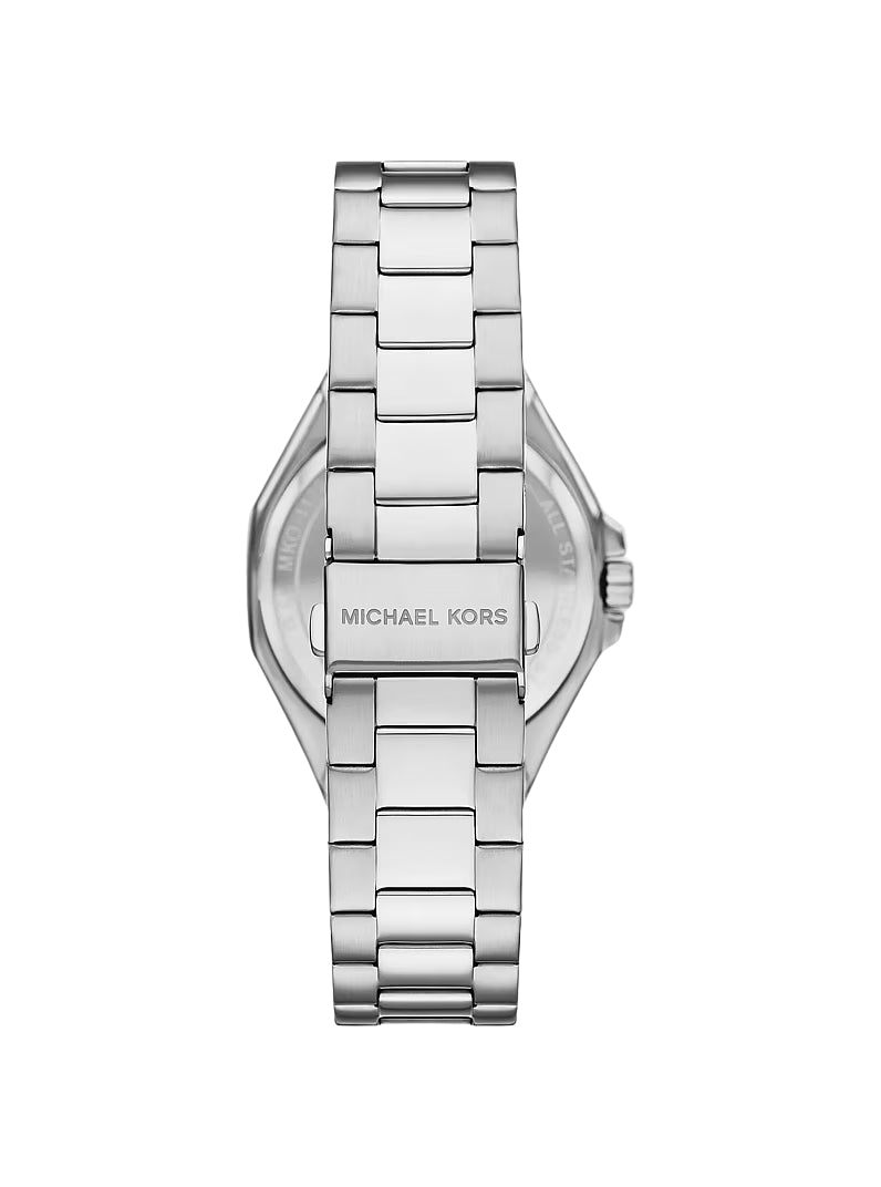 Silver-tone stainless steel watch back with brand name engraving