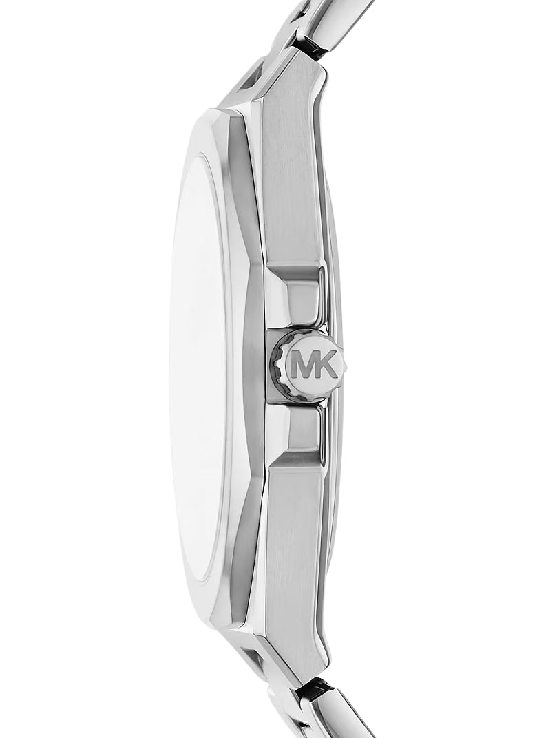 Side view of silver-tone stainless steel watch showing case profile