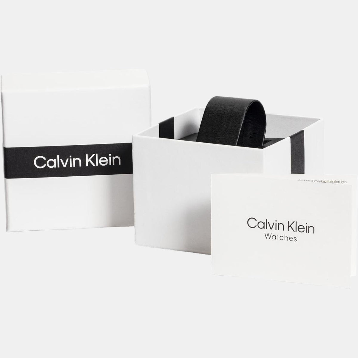 Calvin Klein watch packaging with white box and black band