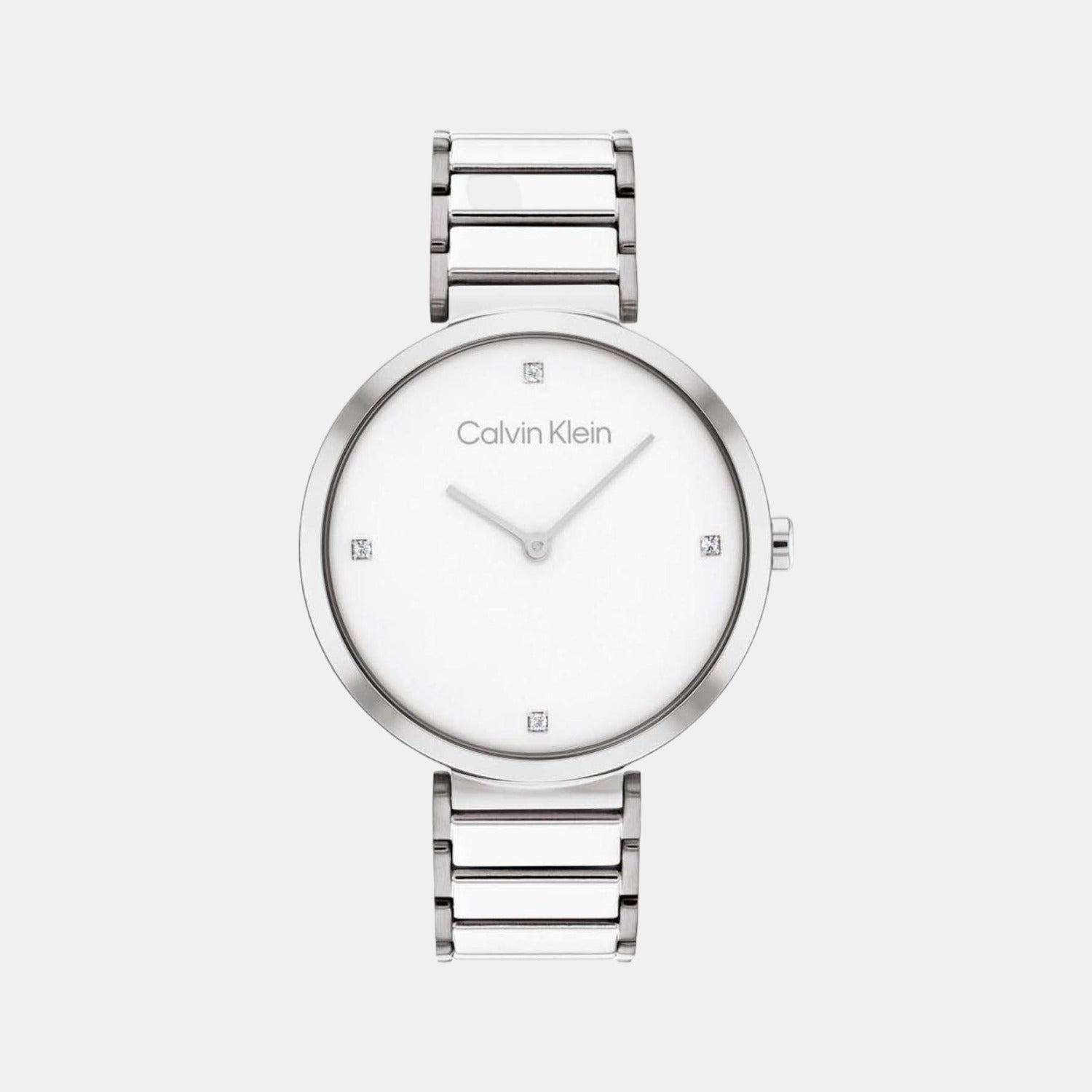 Calvin Klein quartz watch front view with crystal white dial and silver bracelet