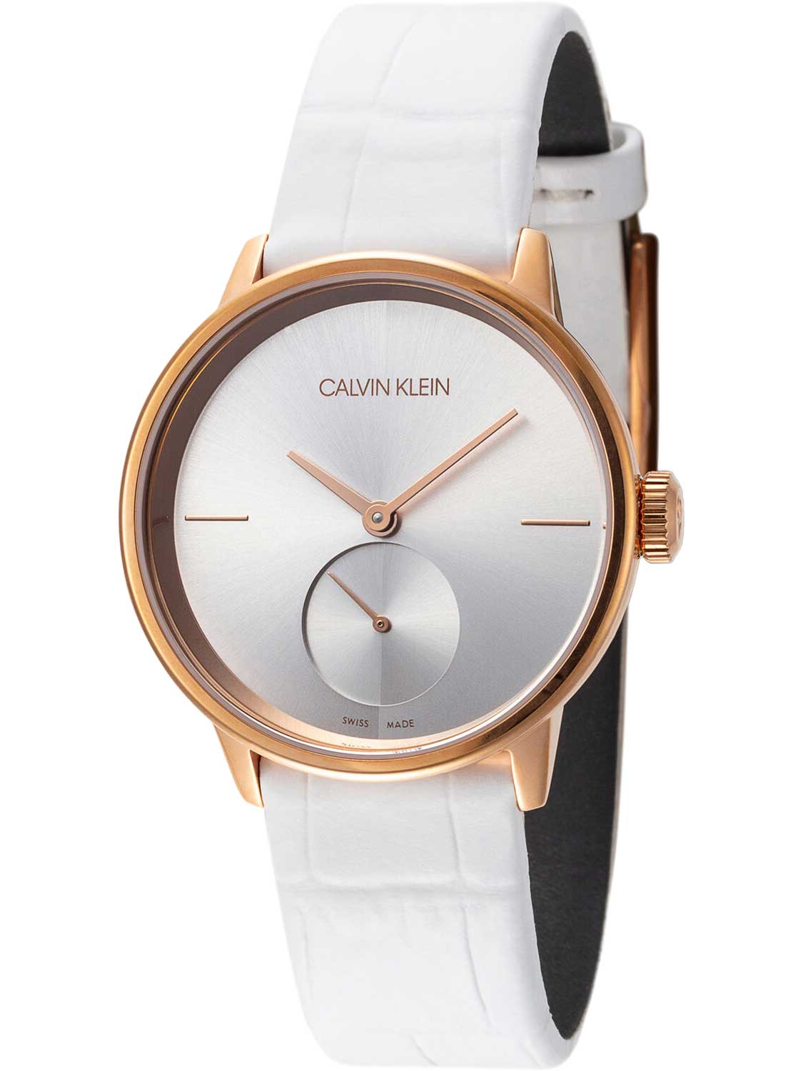 Calvin Klein Accent K2Y216K6 three-quarter view showing white leather strap and rose gold case
