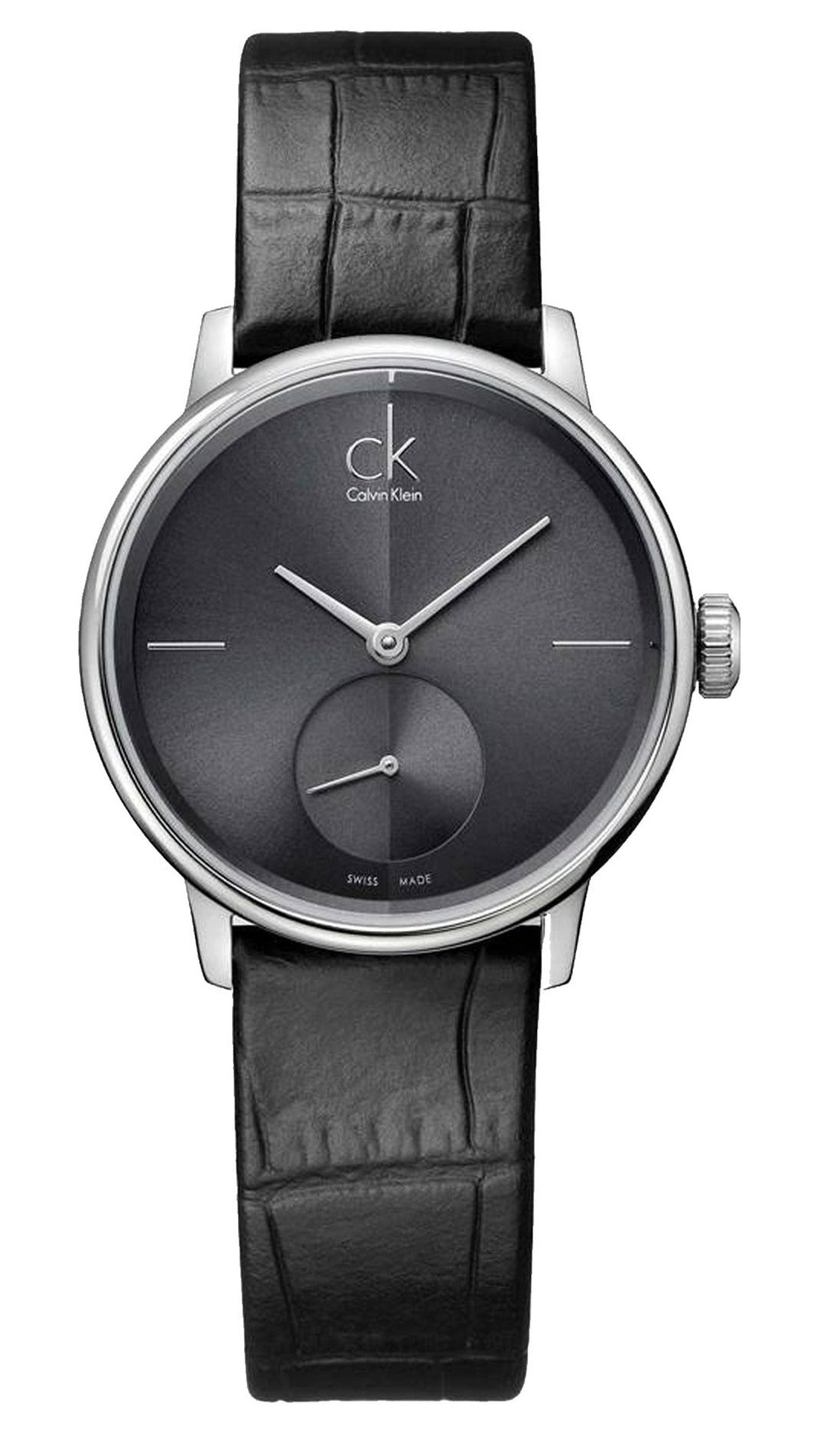 Calvin Klein Accent women's watch with black dial and black leather strap
