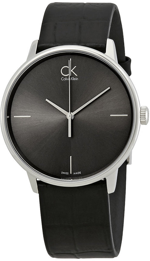 Calvin Klein Accent black dial watch with silver case and black leather strap