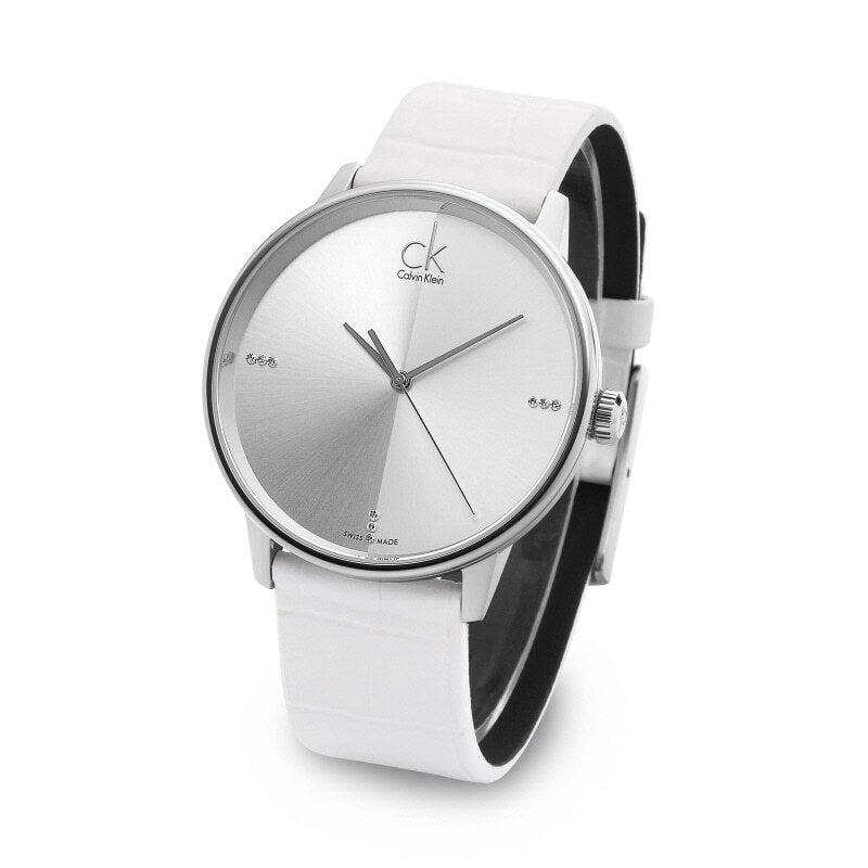 Calvin Klein Accent K2Y2X1KW men's watch with diamond markers and white strap angled view