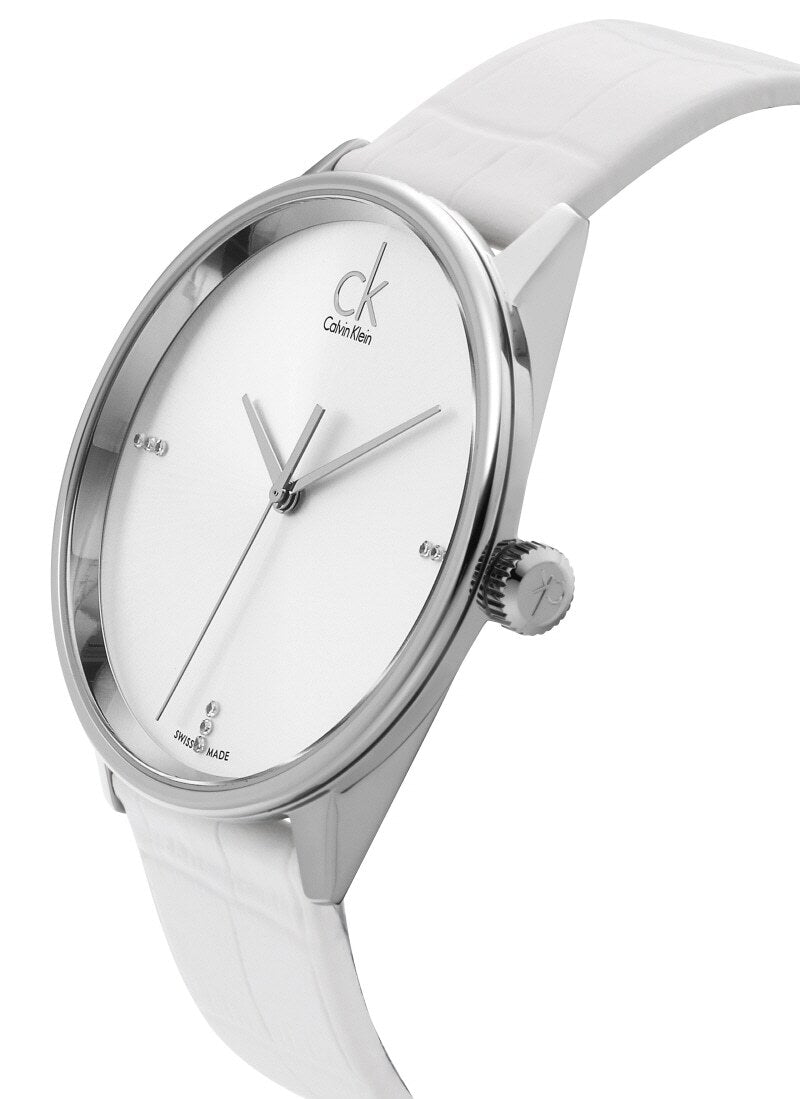 Calvin Klein Accent K2Y2X1KW side profile showing case thickness and white leather strap