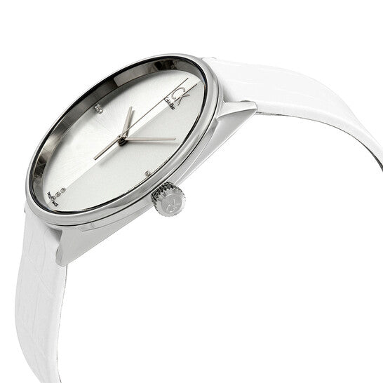 Calvin Klein Accent K2Y2X1KW watch three-quarter view with white strap and silver sunburst dial
