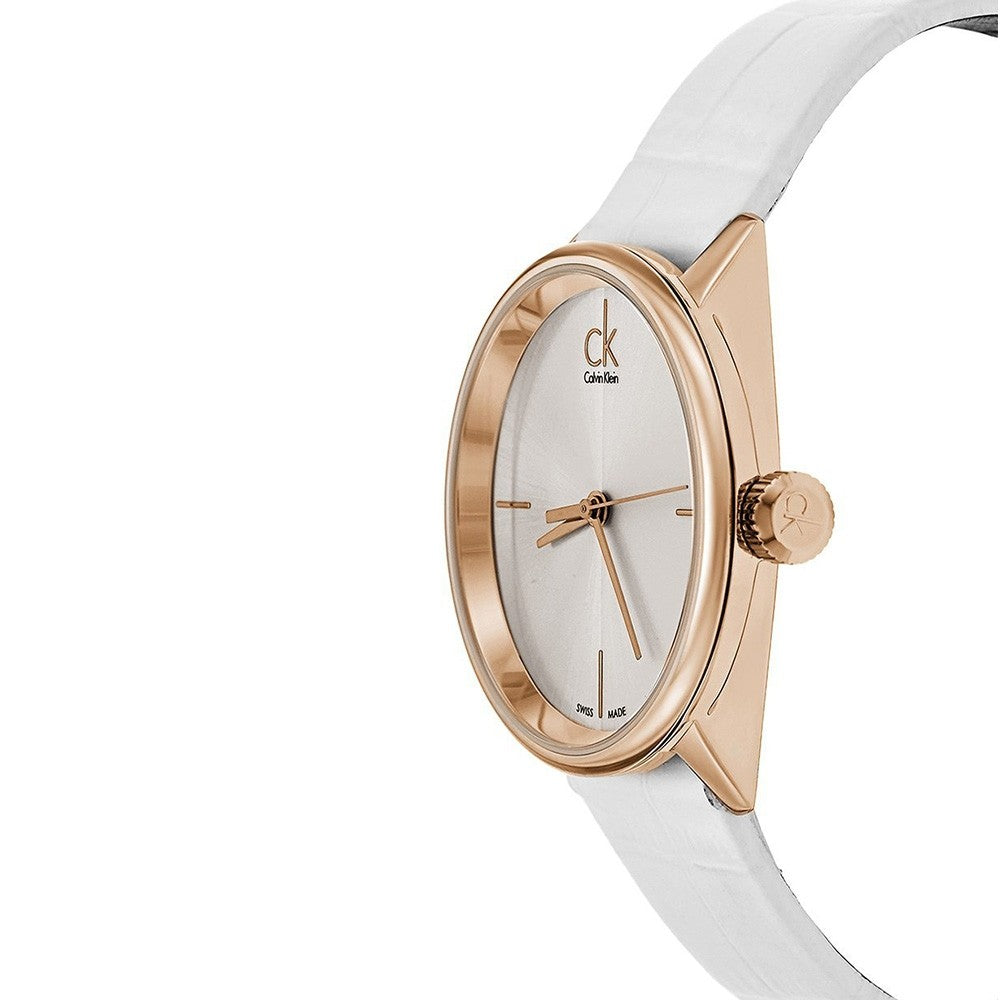 Side view of Calvin Klein Accent watch showing rose gold case and white strap