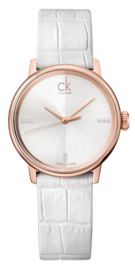 Calvin Klein Accent watch with white dial and rose gold case on white leather strap