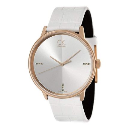 Side view of Calvin Klein Accent watch with white crocodile leather strap