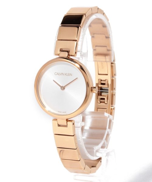 Calvin Klein Authentic watch at angle showing silver dial and rose gold case with bracelet