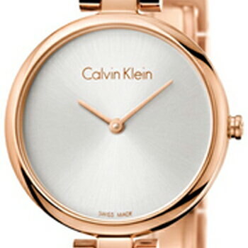 Close-up of silver dial with Calvin Klein branding and rose gold hour markers