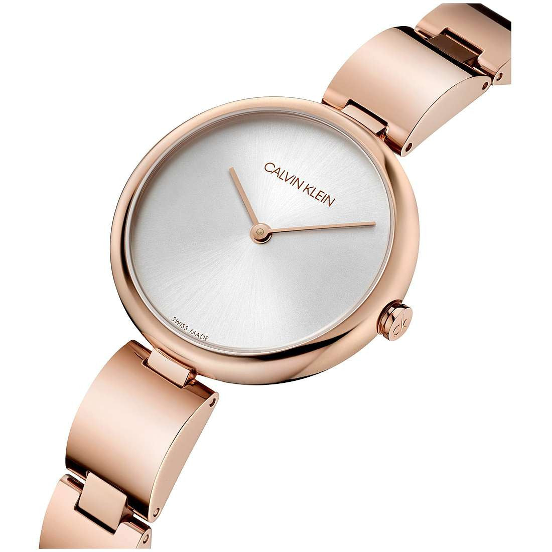 Calvin Klein Authentic ladies watch worn on wrist showing silver dial and rose gold strap