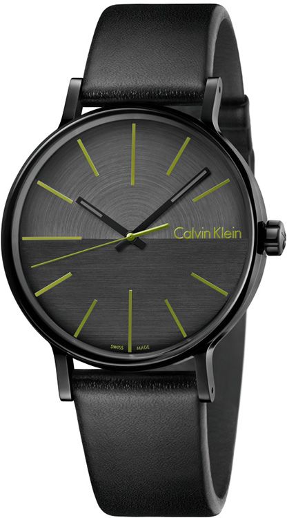Calvin Klein Boost black dial watch with lime green hour markers and black leather strap