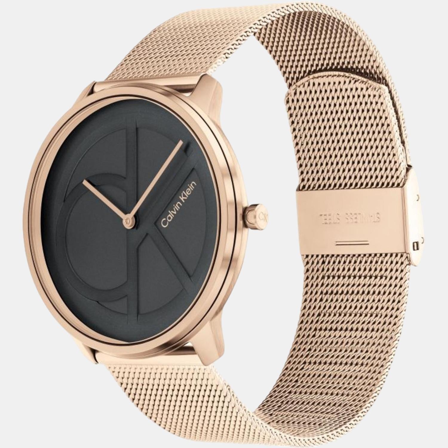 Calvin Klein Carnation Gold watch at angle showing gold mesh strap and clasp