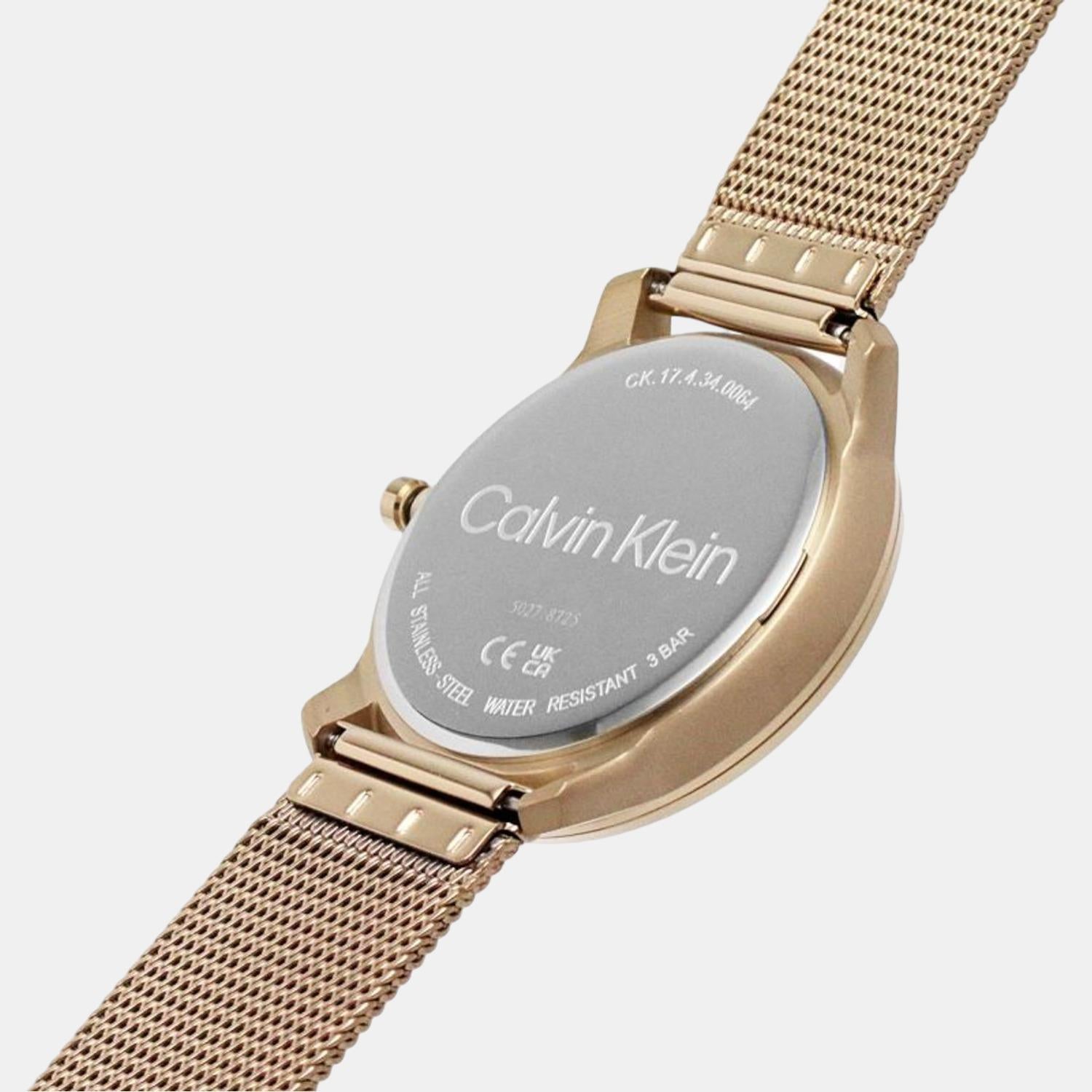 Calvin Klein watch caseback detail showing stainless steel and water resistance specifications