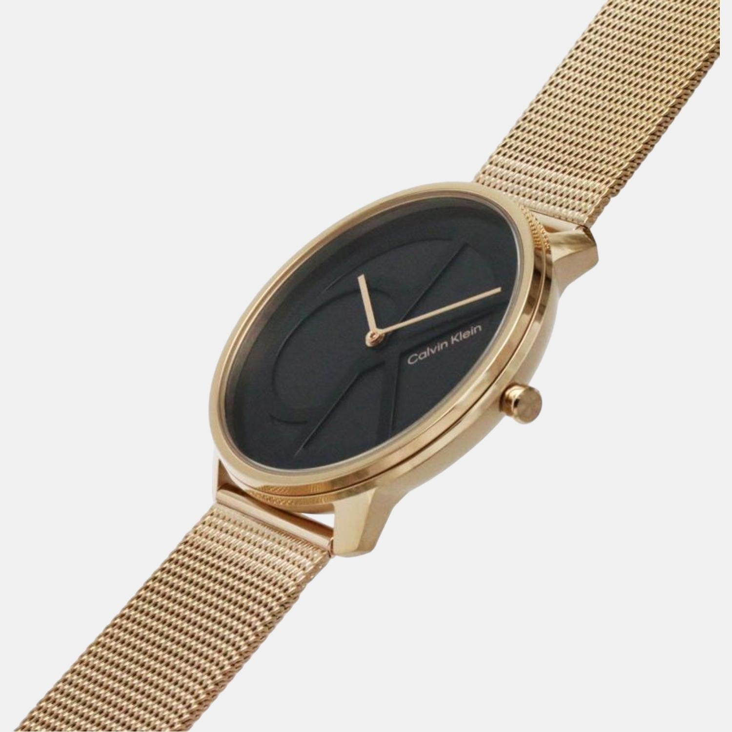 Calvin Klein Carnation Gold watch side view with black dial and gold mesh band