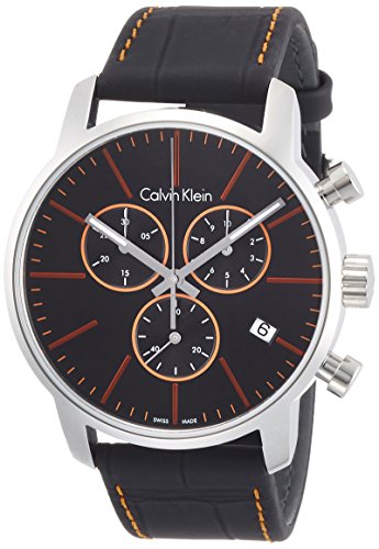 Front view of Calvin Klein City chronograph with three subdials on black dial and orange accents