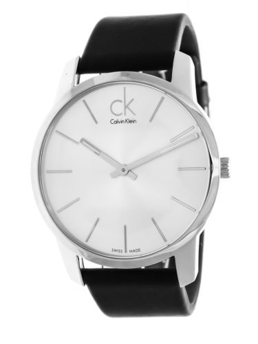 Calvin Klein City K2G211C6 watch shown at side angle with black leather strap