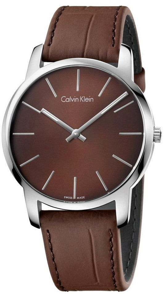 Calvin Klein City watch with brown dial, silver hands, and brown leather strap