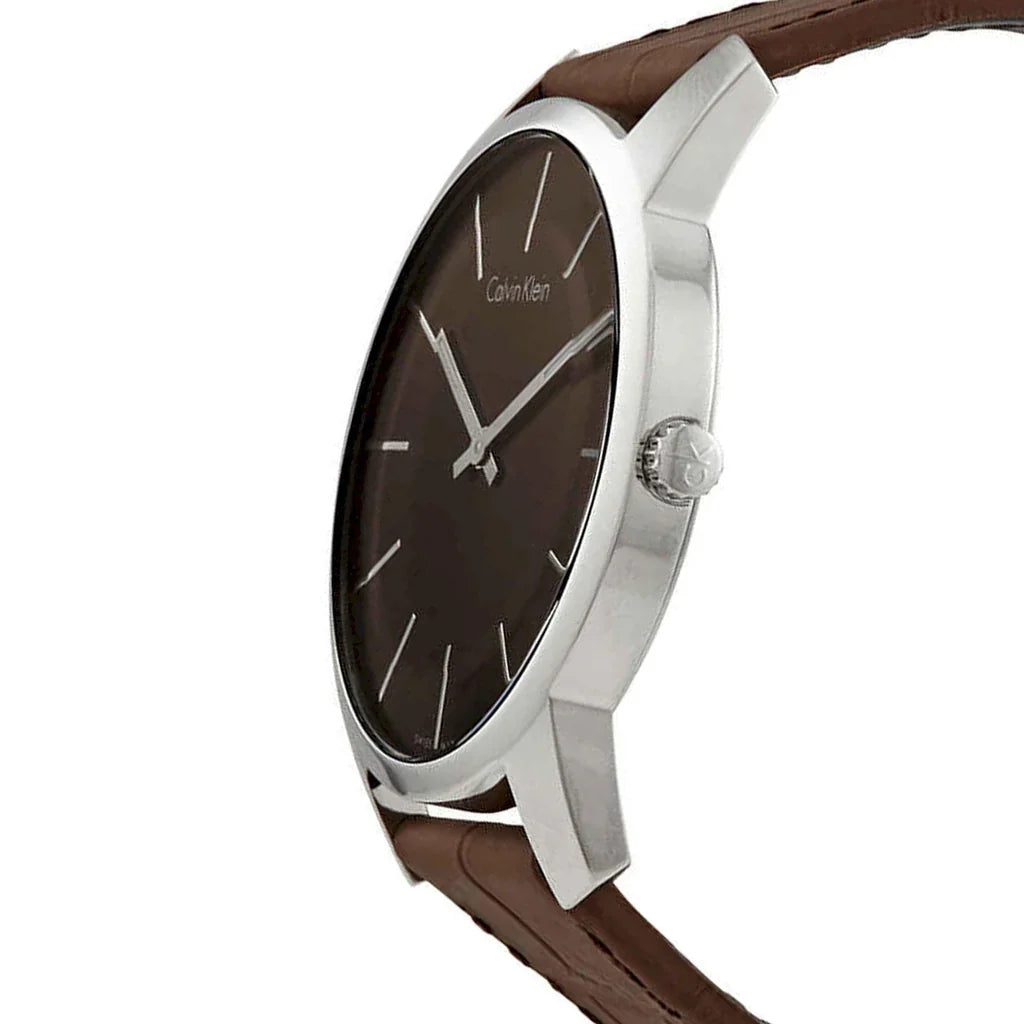 Calvin Klein City watch side view displaying silver case and brown leather strap
