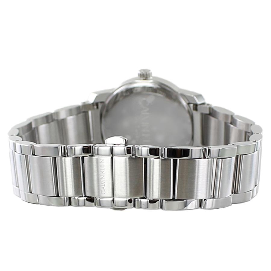 Silver steel bracelet strap with closure mechanism on Calvin Klein City watch