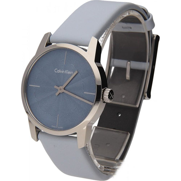 Calvin Klein City women's watch from angled side view with blue strap