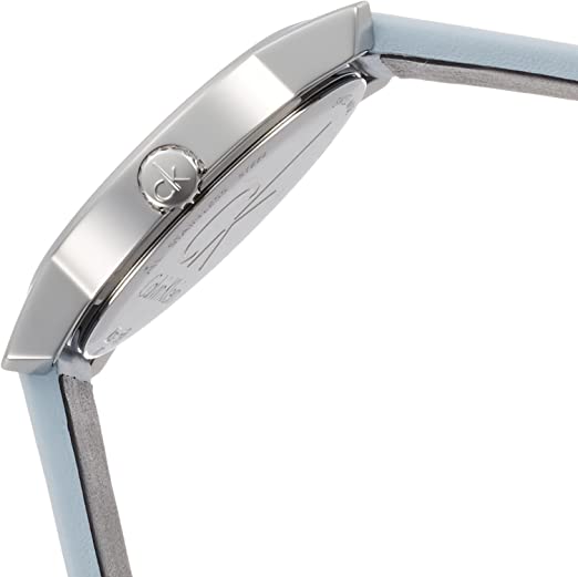 Calvin Klein City watch side profile showing silver-tone case and blue strap