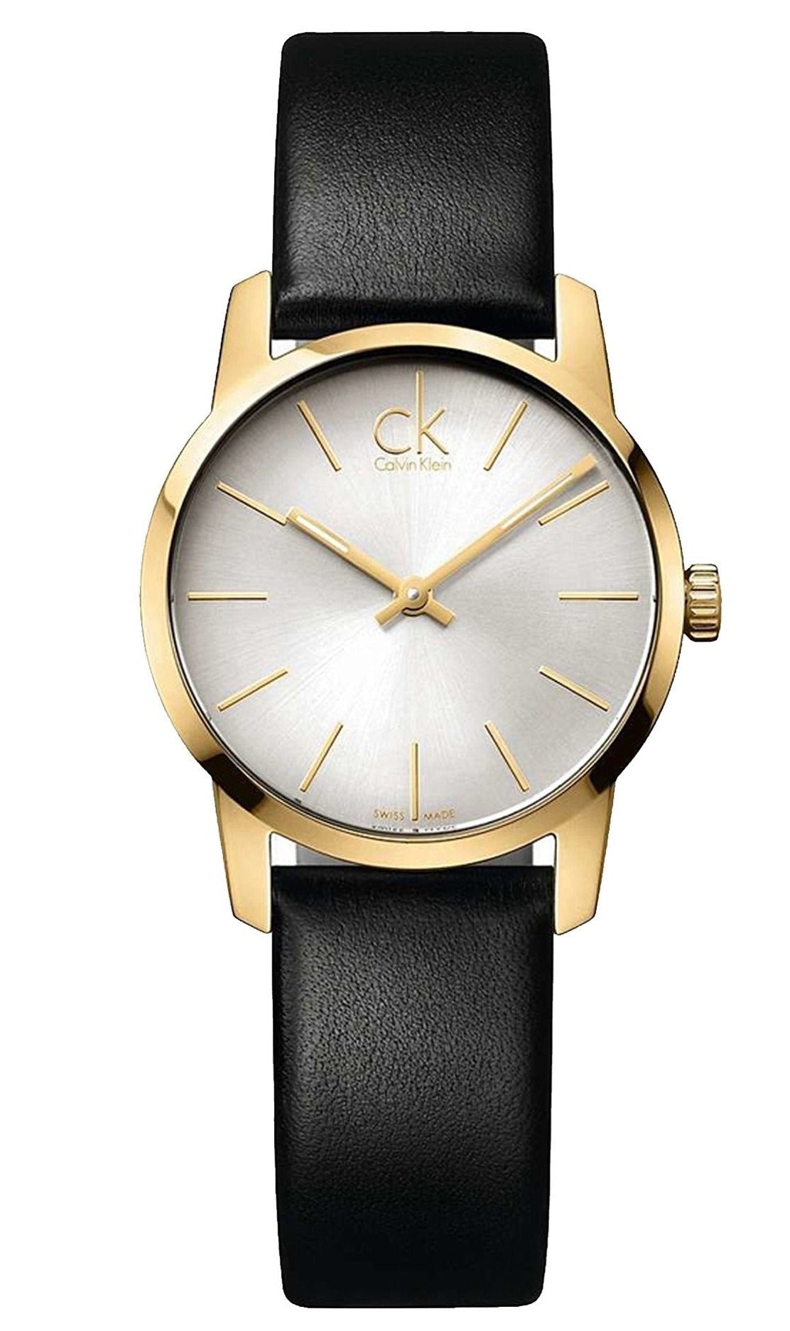 Calvin Klein City women's watch with silver dial, gold-tone case, and black leather strap