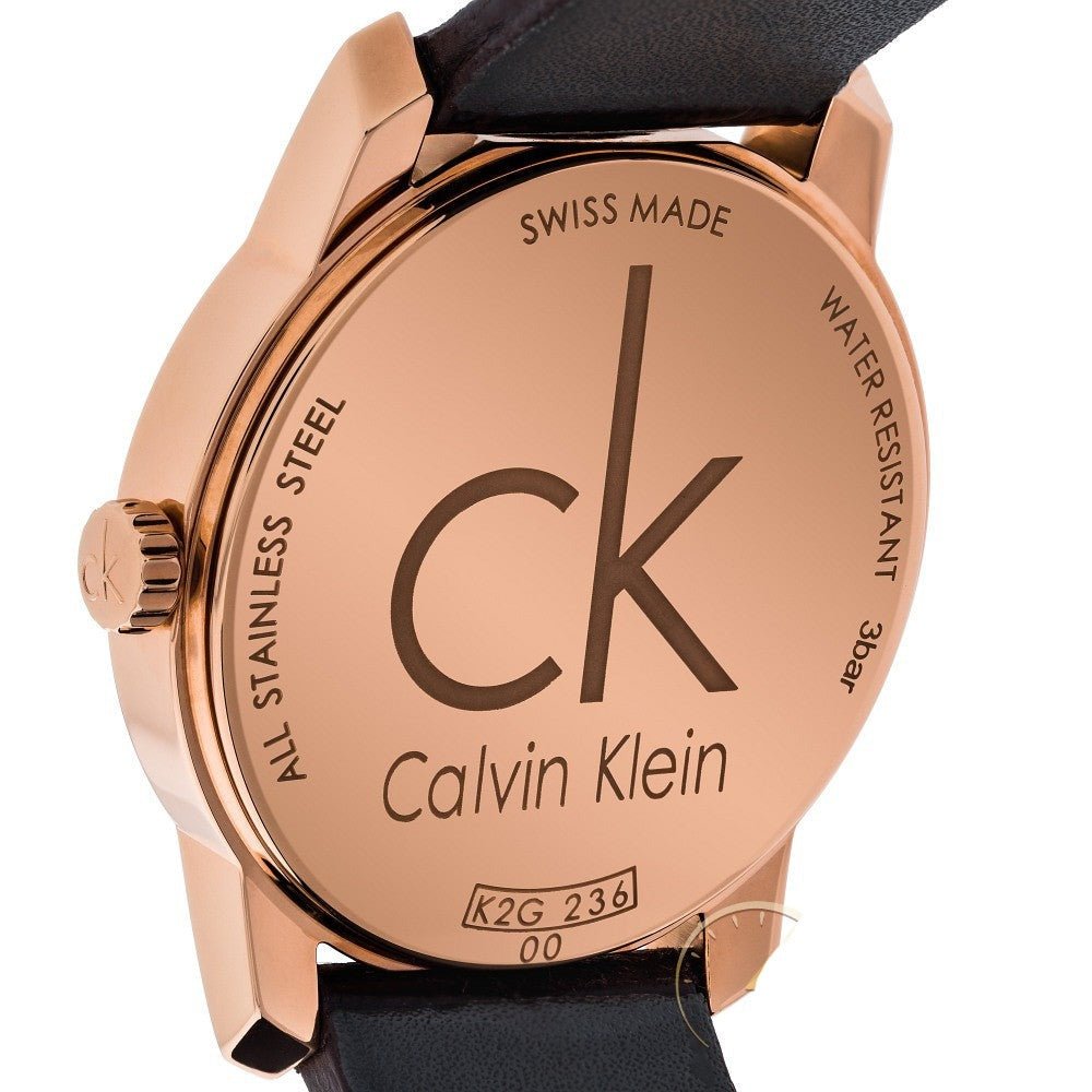 Calvin Klein City K2G23620 case back detail with Swiss made marking and water resistant specification