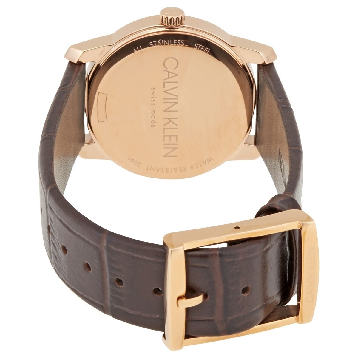 Calvin Klein City K2G23620 case back with leather strap and rose gold buckle