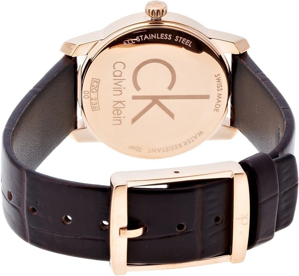 Calvin Klein City K2G23620 case back showing stainless steel and model number