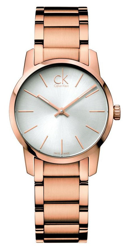 Calvin Klein City K2G23646 ladies watch with silver dial and rose gold bracelet, front view