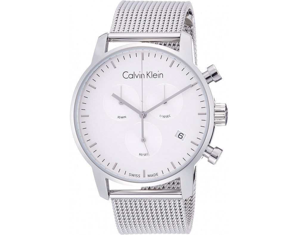 CALVIN KLEIN City K2G27126 chronograph watch angled view with mesh strap and white dial