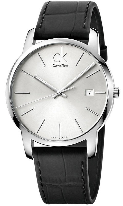 Calvin Klein City K2G2G1C6 men's watch with silver dial and black leather strap on wrist